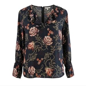 LOFT Outlet Floral Boho Cottagecore Ruffle V-Neck Blouse Black Pink Orange EUC
